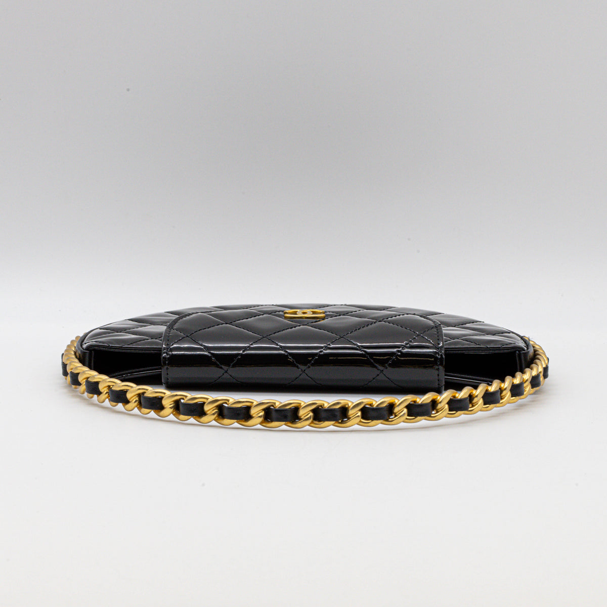 Chanel Chain Around Hoop Top Handle Bag Schwarz Lack Leder Tasche Patent Quilted
