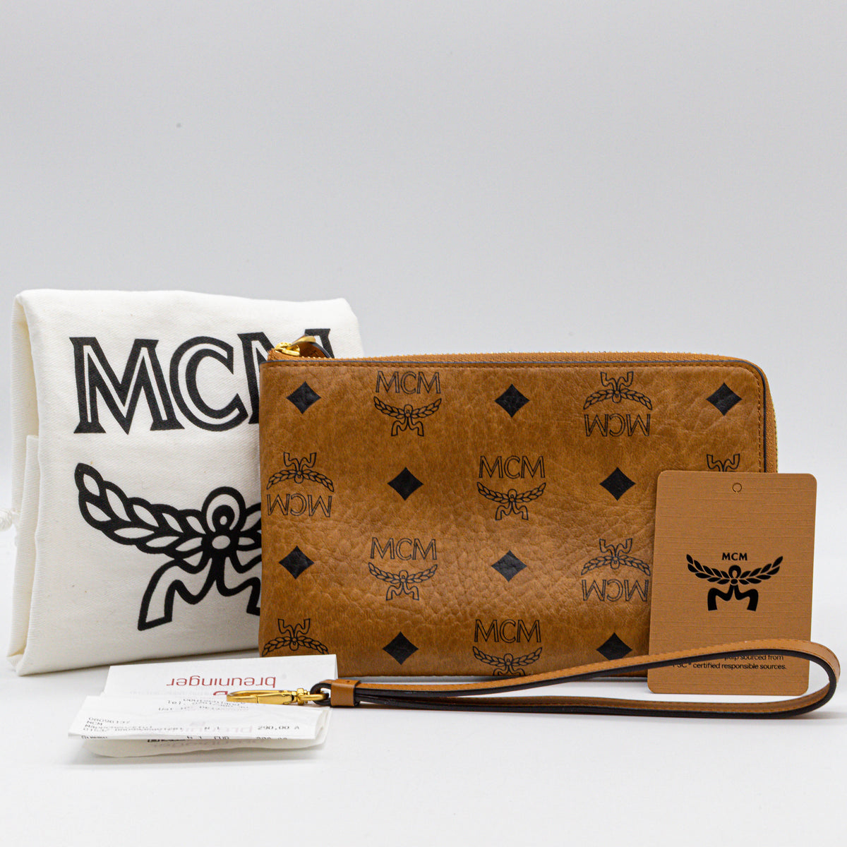 MCM Mini Ottomar Reise-Etui Visetos Cognac Wristlet Clutch Zip Pouch Original