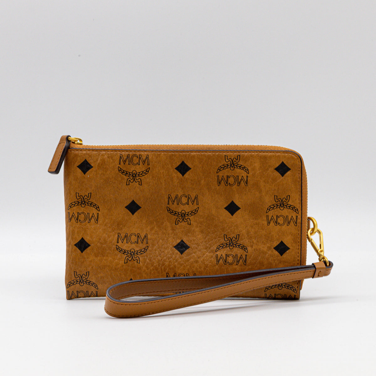MCM Mini Ottomar Reise-Etui Visetos Cognac Wristlet Clutch Zip Pouch Original