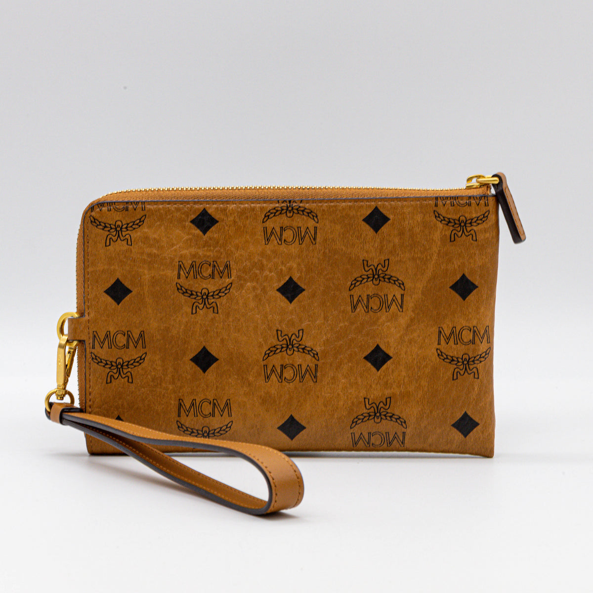 MCM Mini Ottomar Reise-Etui Visetos Cognac Wristlet Clutch Zip Pouch Original