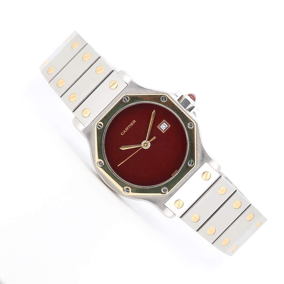 Cartier Santos Octagon 29mm 2966 Bordeaux Burgundy Stahl Gold