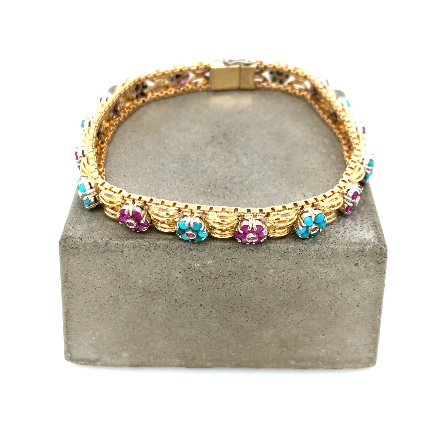 Vintage Armband Bicolor Gold 750 mit Rubinen und Türkisen