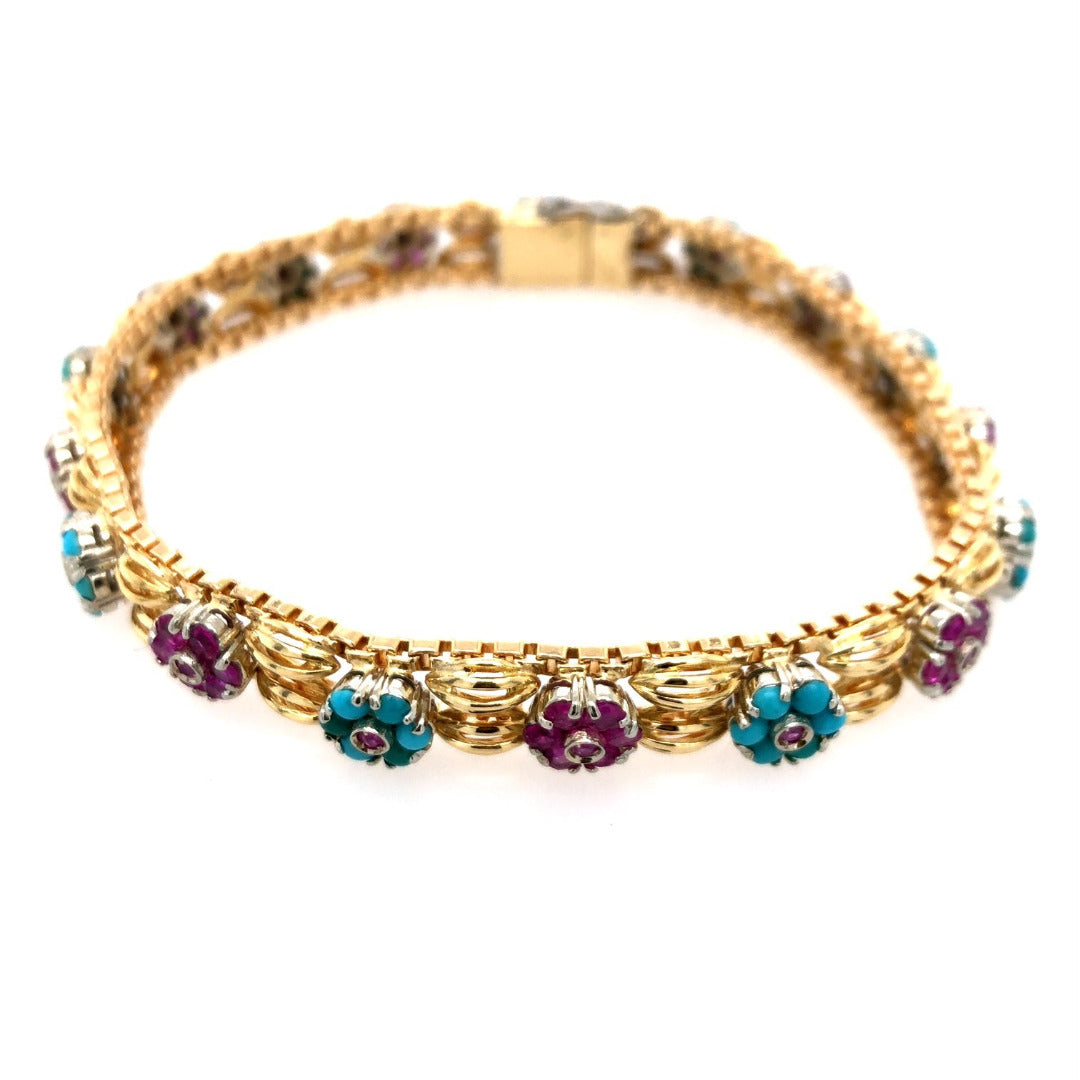 Vintage Armband Bicolor Gold 750 mit Rubinen und Türkisen