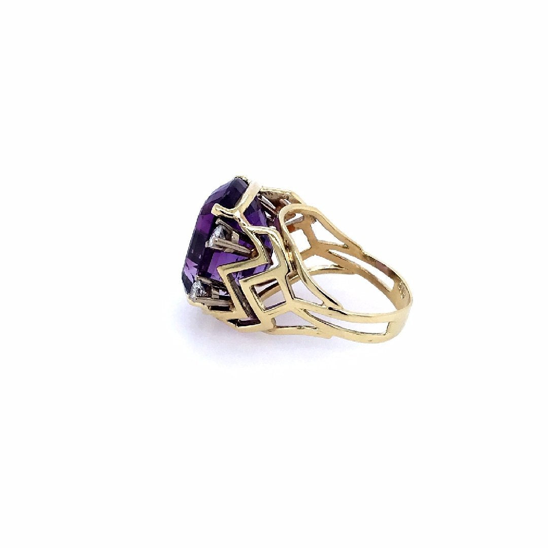 antiker-echtschmuck-antike-ringe-Ring Bicolor Gold 585 mit grossem Amethyst &amp; Brillanten-10156-Prejou