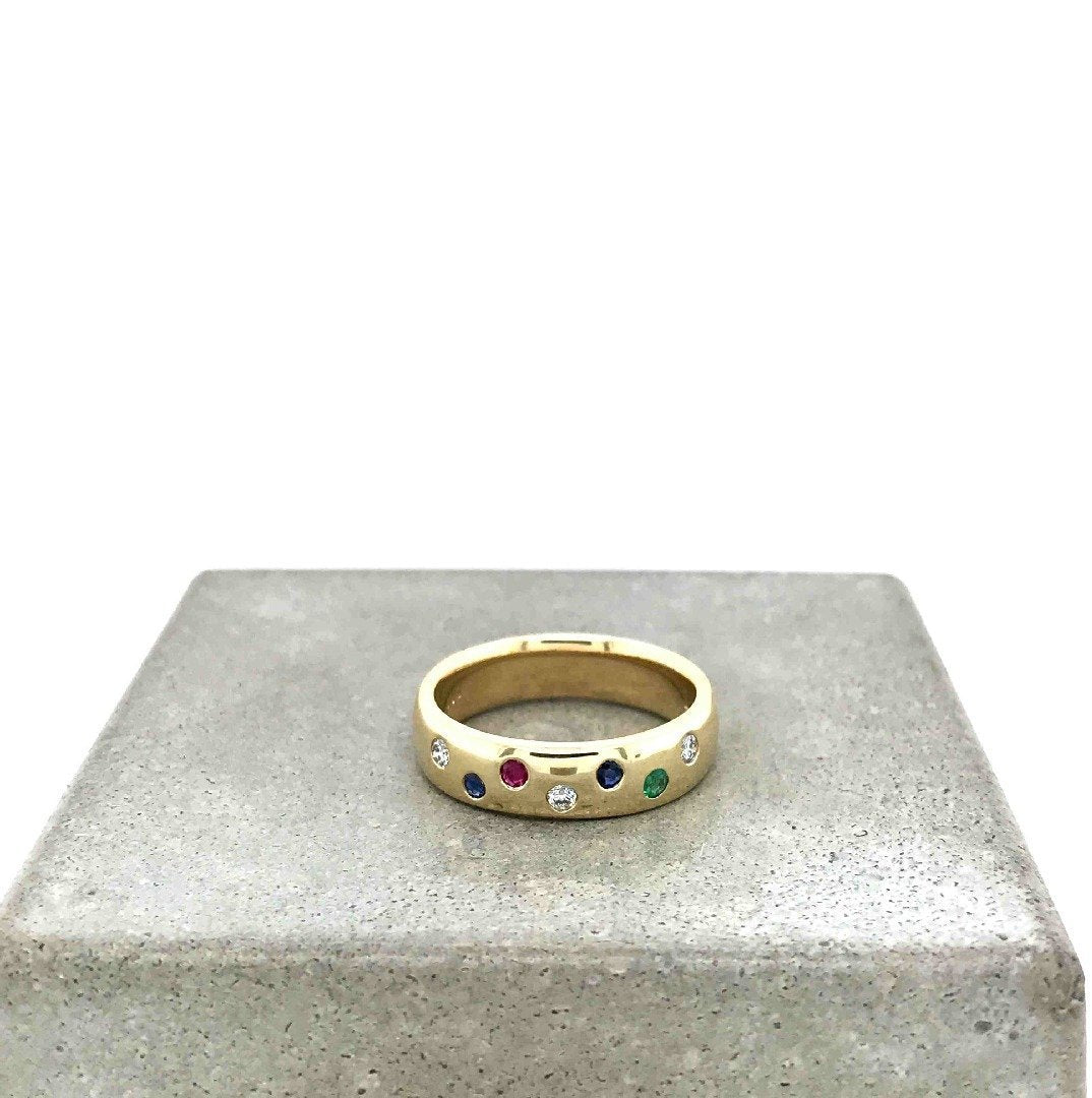 antiker-echtschmuck-antike-ringe-Ring Gelbgold 585 mit Safiren, Rubin, Smaragd & Brillanten-10294-Prejou