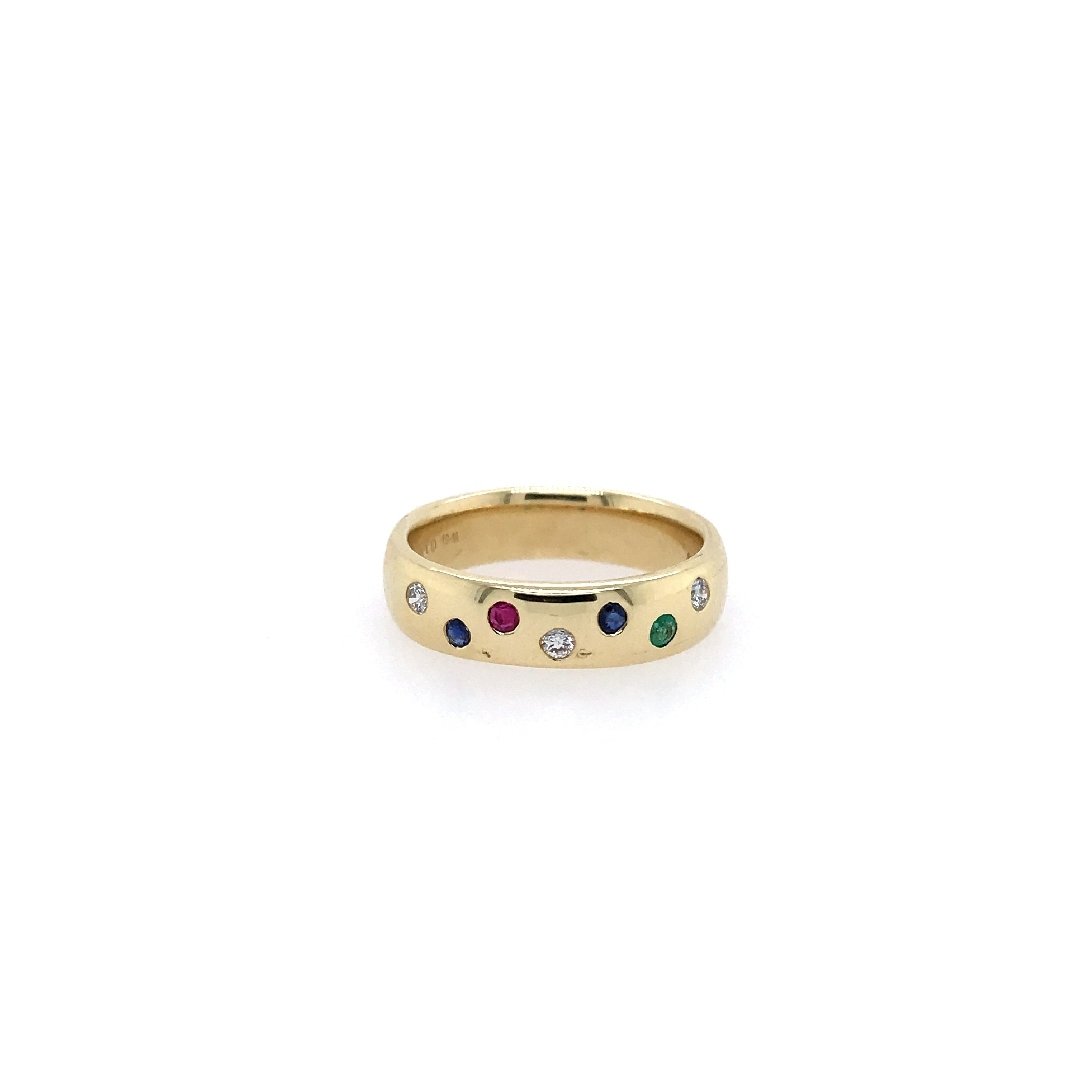 antiker-echtschmuck-antike-ringe-Ring Gelbgold 585 mit Safiren, Rubin, Smaragd & Brillanten-10294-Prejou