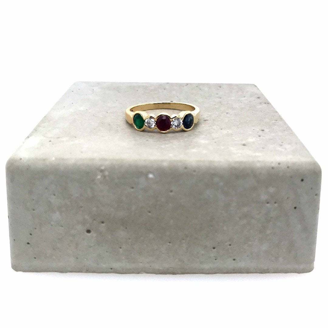 antiker-echtschmuck-antike-ringe-Ring Gelbgold 585 mit Smaragd, Safir, Rubin & Brillanten-10616-Prejou