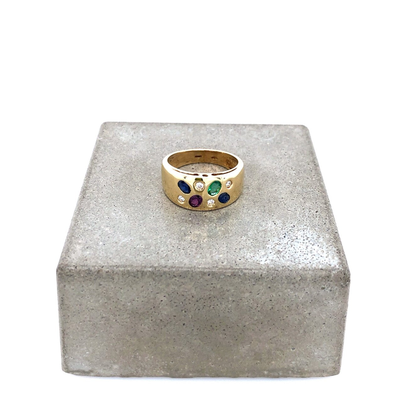 antiker-echtschmuck-antike-ringe-Ring Gelbgold 750 mit Rubin, Safiren, Smaragd & Brillanten-10172-Prejou