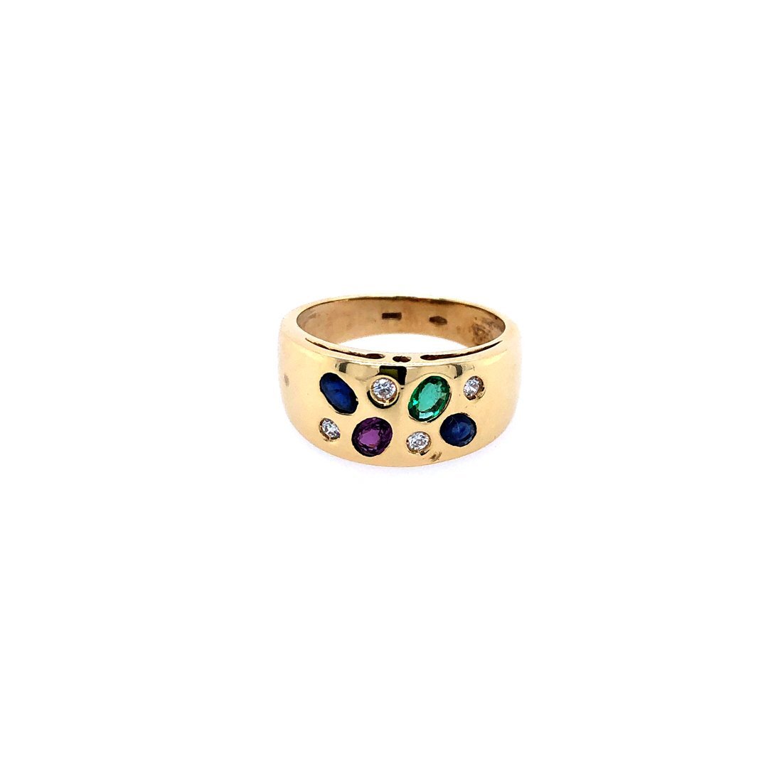 antiker-echtschmuck-antike-ringe-Ring Gelbgold 750 mit Rubin, Safiren, Smaragd & Brillanten-10172-Prejou