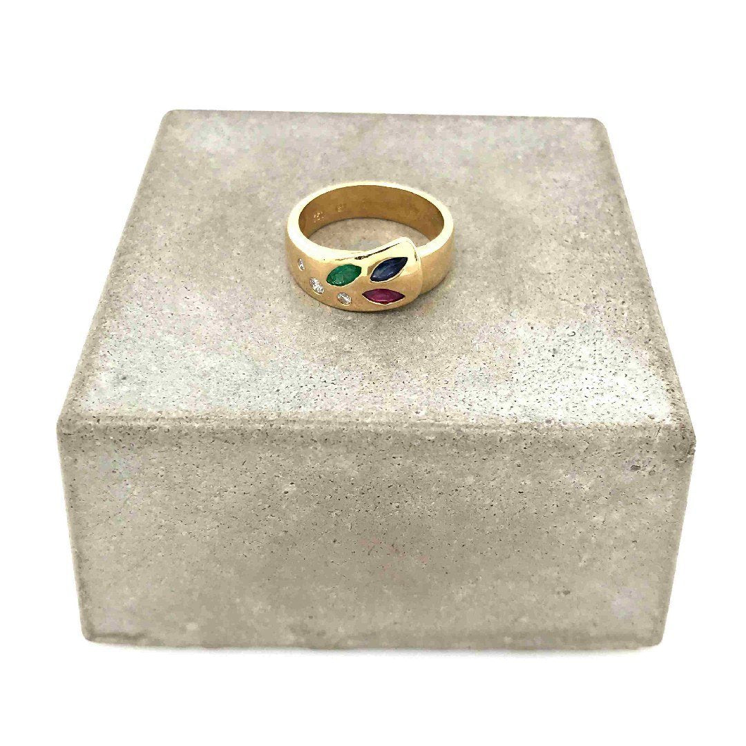 antiker-echtschmuck-antike-ringe-Ring Gelbgold 750 mit Smaragd, Safir, Rubin & Brillanten-10756-Prejou