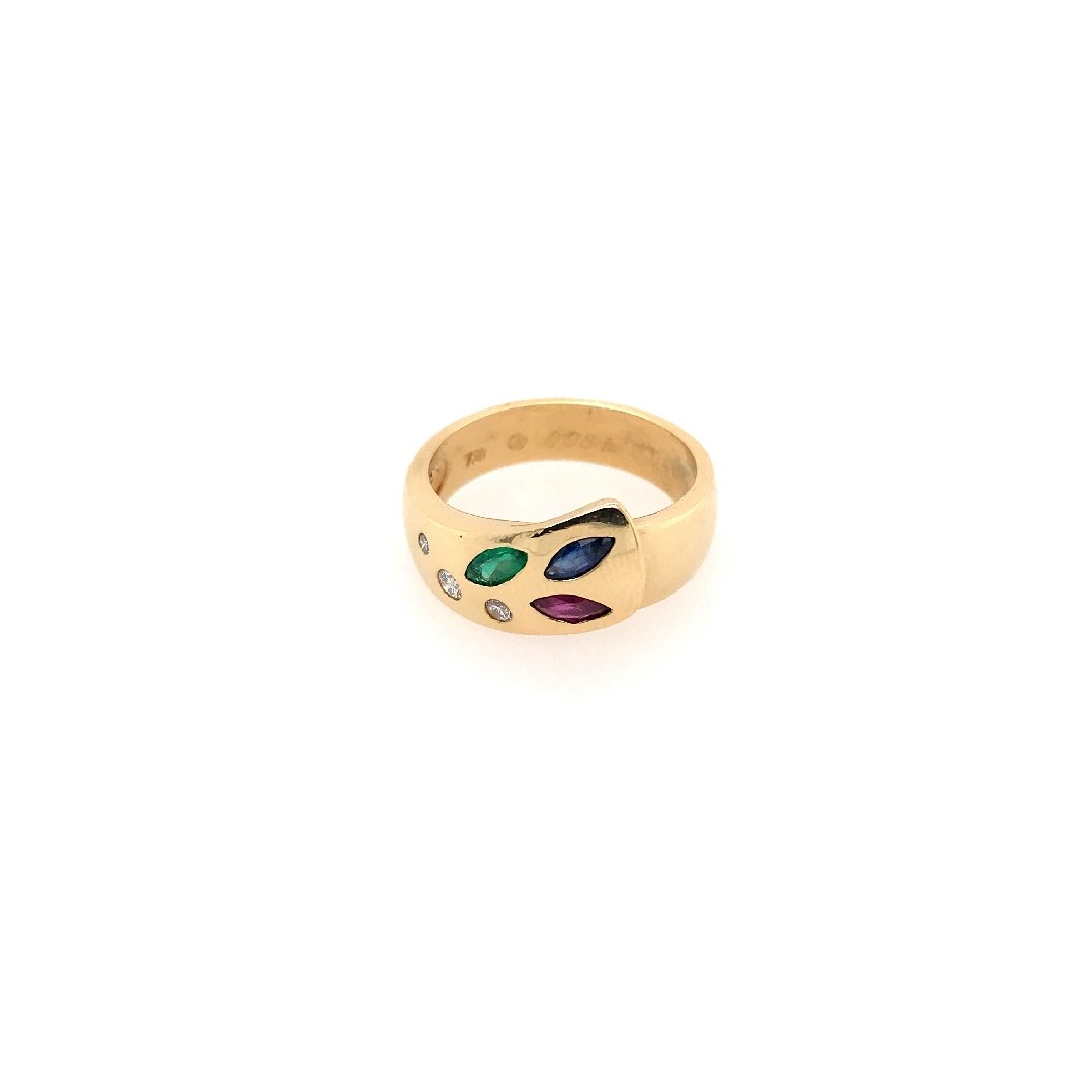 antiker-echtschmuck-antike-ringe-Ring Gelbgold 750 mit Smaragd, Safir, Rubin & Brillanten-10756-Prejou