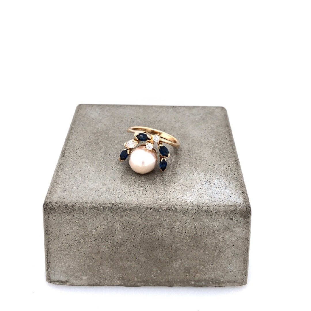 antiker-echtschmuck-antike-ringe-Ring Gelbold 750 mit Perle, Safiren, Diamant & Brillanten-10485-Prejou