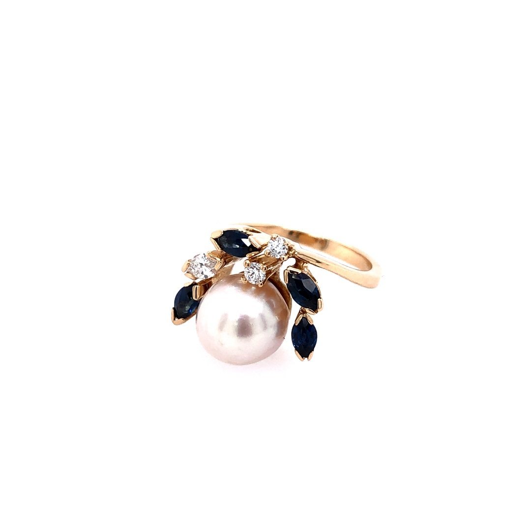 antiker-echtschmuck-antike-ringe-Ring Gelbold 750 mit Perle, Safiren, Diamant & Brillanten-10485-Prejou