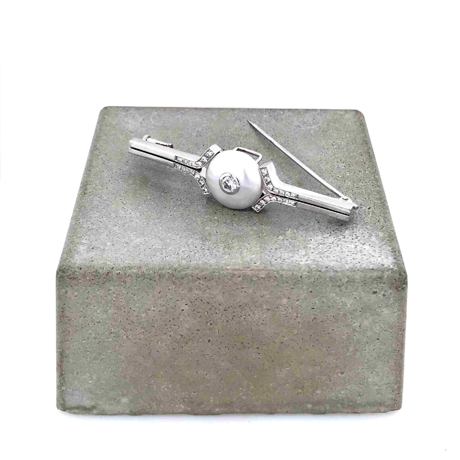 antike-broschen-Brosche Weissgold 750 mit Perle & Brillanten-[SKU]-Prejou