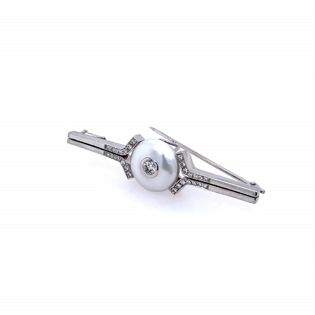 antike-broschen-Brosche Weissgold 750 mit Perle & Brillanten-[SKU]-Prejou