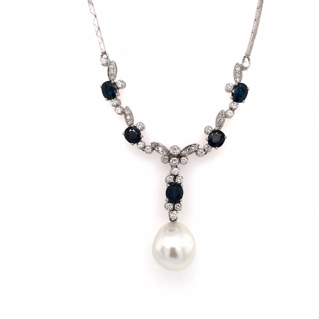 gebrauchte-kette-Exklusives Collier Weissgold 750 mit Perle, Safiren, Diamanten & Brillanten-10132-Prejou