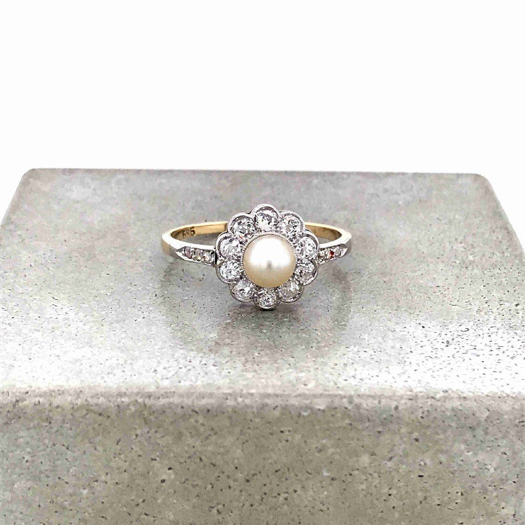 antiker-echtschmuck-antike-ringe-Ring Bicolor Gold 585 mit Perle &amp; Diamanten-10005-Prejou