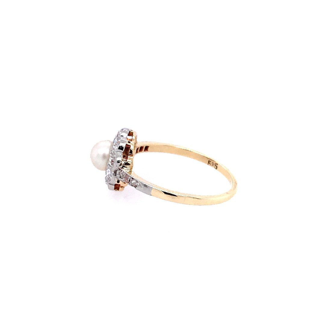 Ring Bicolor Gold 585 mit - & Perle Prejou Schmuck Vintage Diamanten